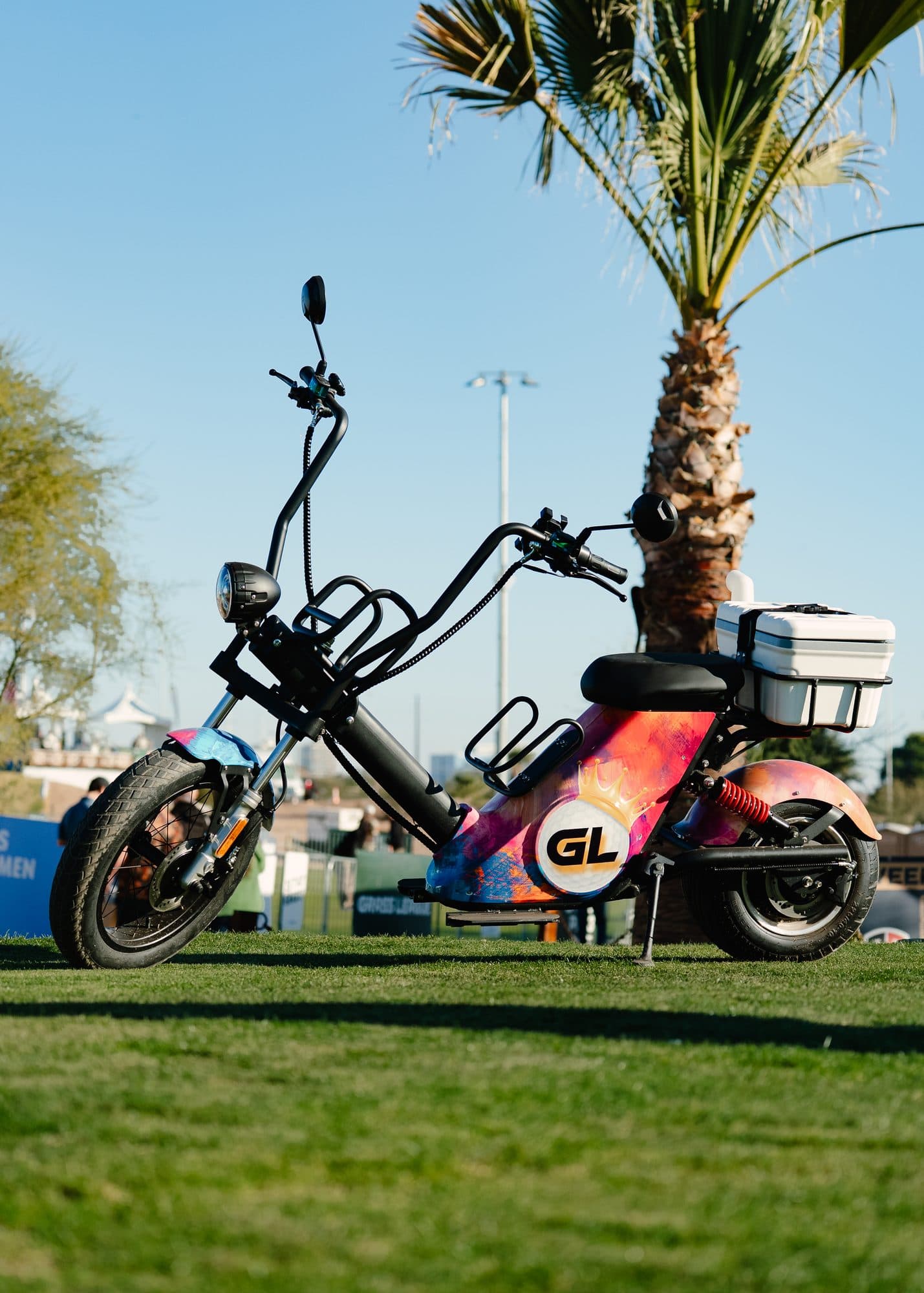 EA Golf Bike in a multicolor Grass League custom wrap with GL logo and white cooler on grass beside a palm tree