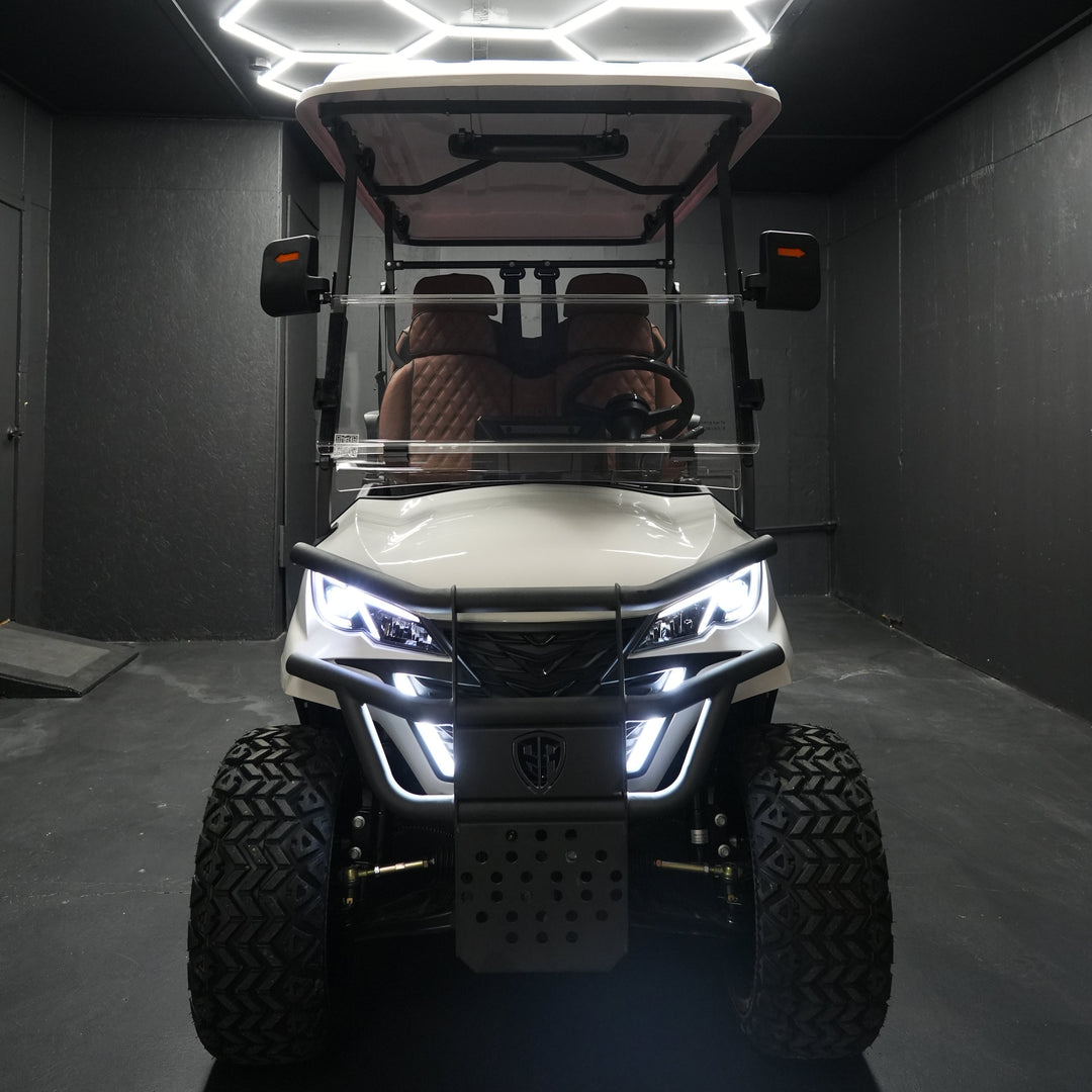 EA4R+ 60V electric golf cart front view with LED headlights and off-road tires
